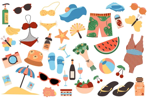 Summertime travel isolated elements set. Collection of shoes, short, swimsuit, sunglasses, panama, fruits, sunscreen and other. Summer vacation compositions. Illustration in flat cartoon design — Stock Photo, Image