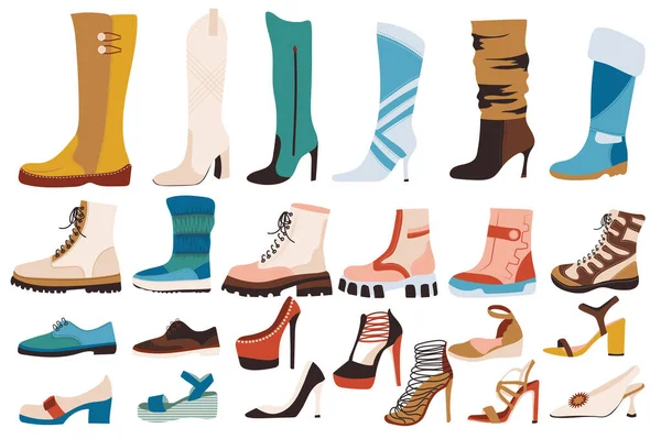 Buty i buty odizolowane elementy zestawu. Kolekcja kobiet i mężczyzn różnego rodzaju buty z platformą, szpilki lub sznurowanie. Kompozycje w sklepie obuwniczym. Ilustracja w płaskiej konstrukcji kreskówki — Zdjęcie stockowe