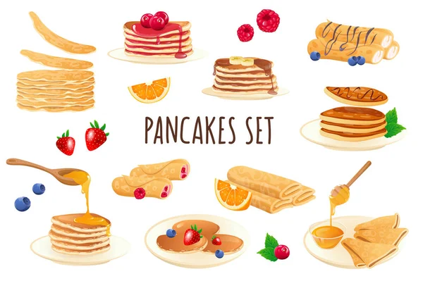 Pancakes icon set in realistic 3d design. Bundle of stacks of pancakes with different filling, berries, honey, chocolate and other. Cooking collection. Illustration isolated on white background — Zdjęcie stockowe