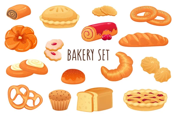 Bakery icon set in realistic 3d design. Bundle of sweet rolls, pie, cookies, muffins, croissant, fresh bread, bun and other. Baking menu collection. Illustration isolated on white background — Stockfoto