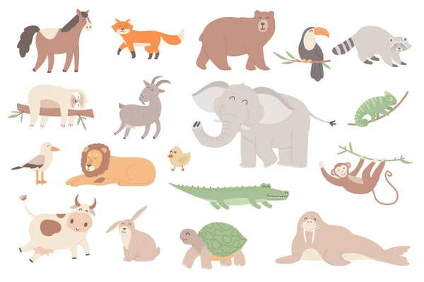 Leuke dieren geïsoleerde objecten. Verzameling van paard, vos, beer, toekan, wasbeer, luiaard, olifant, aap en leeuw, konijn, schildpad, walrus. Illustratie van design elementen in platte cartoon — Stockfoto