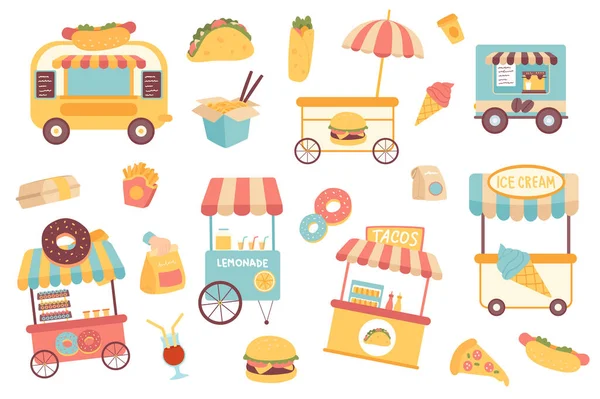 Fast food isolated objects set. Collection of food trucks street shops, donuts, tacos, ice cream, hot dogs, hamburger, pizza, coffee, lemonade. Illustration of design elements in flat cartoon — Fotografia de Stock
