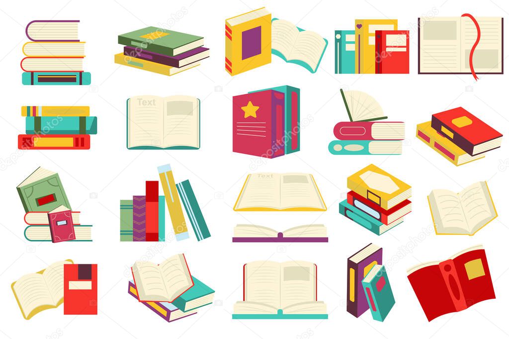 Reading book set in flat cartoon design. Stacks of books or textbook, open pages with bookmarks, literature of different genres. Library or bookstore collection isolated elements. Illustration