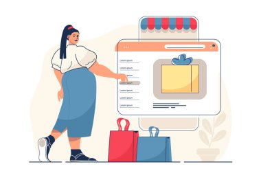 Web afişi için mobil ticaret konsepti. İnternet sitesinden sipariş veren bir kadın, uygulamalı modern insan sahnesinden online ödeme. Düz çizgi film tasarımı ve insan karakterleri.