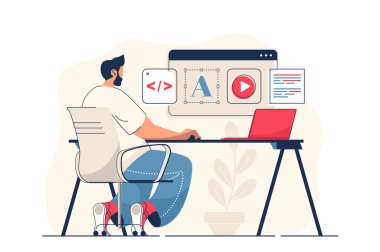 Web pankartı için web tasarımı konsepti. İnsan site düzeni yaratır, grafik elementleri ve navigasyon düğmeleri sayfasını, modern insan sahnesini yerleştirir. Düz çizgi film tasarımı ve insan karakterleri.