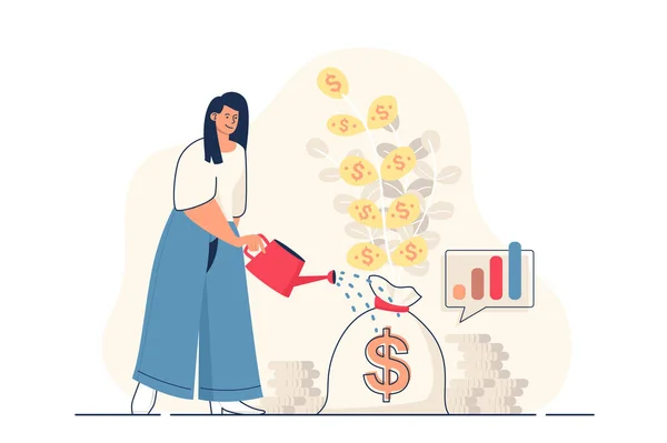 Επενδυτική ιδέα για web banner. Γυναίκα πότισμα δέντρο χρήματα, αύξηση του οικονομικού κέρδους, επιτυχία στρατηγική χρηματοδότησης σύγχρονο πρόσωπο σκηνή. Εικονογράφηση σε επίπεδη σχεδίαση κινουμένων σχεδίων με τους ανθρώπους χαρακτήρες — Φωτογραφία Αρχείου