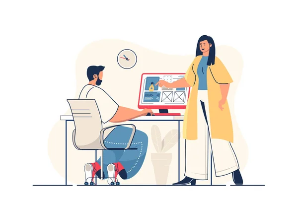 Design studio concept for web banner. Woman and man designers team create website layout and draw elements, modern person scene. Illustration in flat cartoon design with people characters — Zdjęcie stockowe