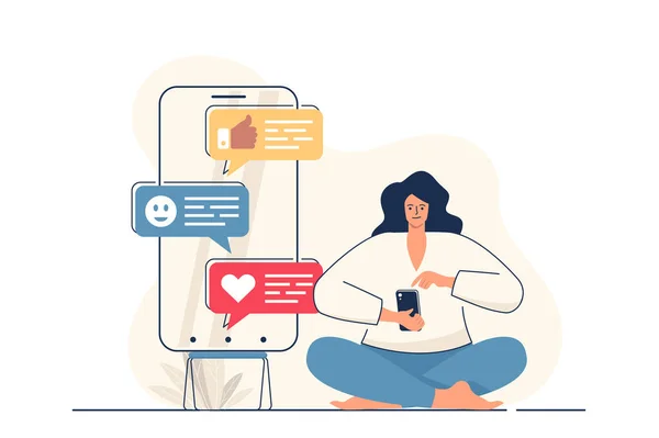 Social network concept for web banner. Woman writes messages, chats, browsing news feed, posts and likes in app modern person scene. Illustration in flat cartoon design with people characters — стоковое фото