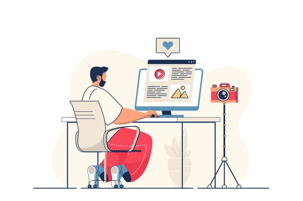 Blogging concept for web banner. Man blogger writes article and publishes new post in blog for followers, modern person scene. Illustration in flat cartoon design with people characters — Stockfoto