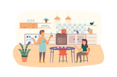 Couple cooking and eating in kitchen scene. Man makes cupcakes, woman drinks coffee. Homemade pastry, household and daily routine concept. Illustration of people characters in flat design