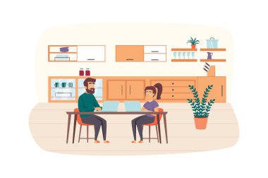 Couple of freelancers working at laptops, sit at kitchen table at home scene. Freelance, remote work, self employed, comfy workplace concept. Illustration of people characters in flat design
