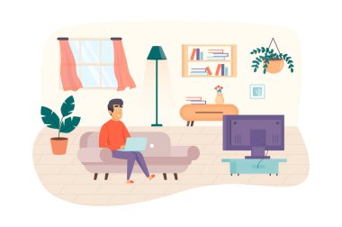 Man freelancer working at laptop, sitting on sofa in living room scene. Freelance, remote work, self employed, comfortable home office concept. Illustration of people characters in flat design