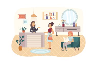 Women visiting Beauty Salon scene. Female client makes appointment with beautician or hairdresser at reception. Cosmetology procedures concept. Illustration of people characters in flat design