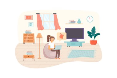 Woman watching online course or reading e-book at laptop sitting in living room scene. E-learning, online education, home schooling concept. Illustration of people characters in flat design
