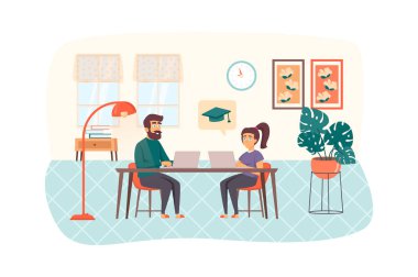 Couple studying using laptop sitting at table in room scene. Man and woman engaged online education. E-learning, distance homeschooling concept. Illustration of people characters in flat design