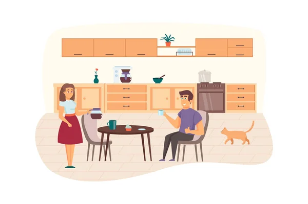 Pasangan sarapan di adegan dapur. Wanita dan pria makan dan minum kopi bersama. Memasak makanan di rumah, konsep keluarga dan hubungan. Ilustrasi karakter orang dalam desain datar — Stok Foto