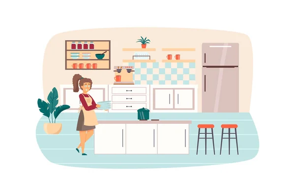 Woman cooking in kitchen scene. Housewife holds dishes, pan is on stove, preparing breakfast or lunch. Household and daily routine concept. Illustration of people characters in flat design — kuvapankkivalokuva