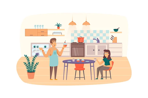 Couple cooking and eating in kitchen scene. Man makes cupcakes, woman drinks coffee. Homemade pastry, household and daily routine concept. Illustration of people characters in flat design — Foto Stock