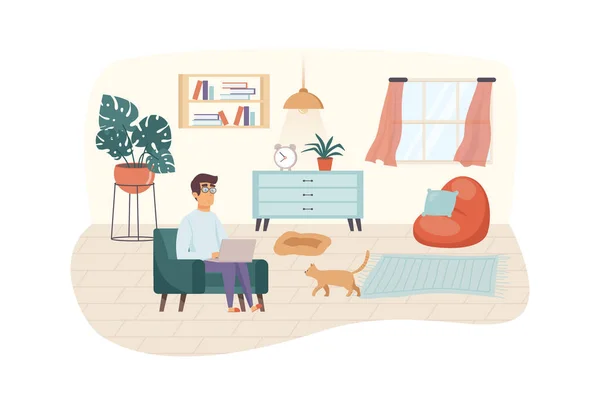 Freelancer trabaja en casa. El hombre se sienta en la silla con el portátil y el gato en la sala de estar. Trabajo independiente, remoto, concepto de lugar de trabajo cómodo. Ilustración de personajes de personas en diseño plano — Foto de Stock