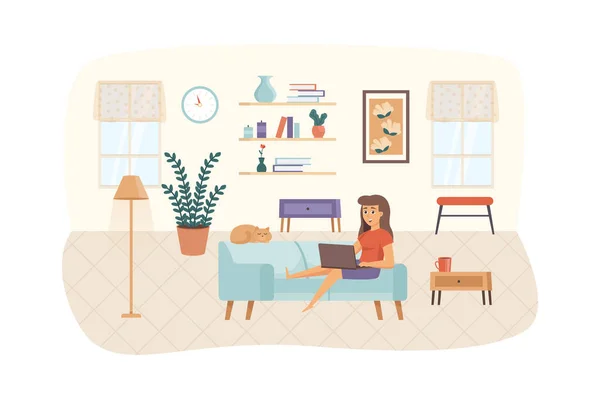 Freelancer trabaja en casa. Mujer se sienta en el sofá con el ordenador portátil y el gato en la sala de estar. Trabajo independiente, remoto, cómodo concepto de oficina. Ilustración de personajes de personas en diseño plano — Foto de Stock