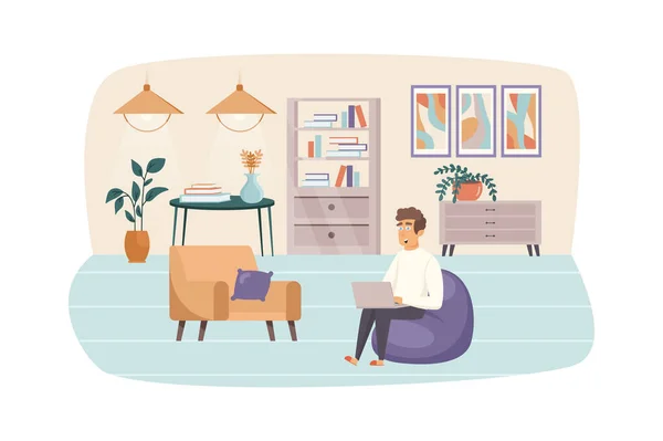 Man freelancer working at laptop, sitting in bag chair at home office scene. Freelance, remote work, self employed, comfy workplace concept. Illustration of people characters in flat design — 图库照片