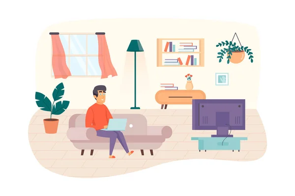 Man freelancer working at laptop, sitting on sofa in living room scene. Freelance, remote work, self employed, comfortable home office concept. Illustration of people characters in flat design — Fotografia de Stock