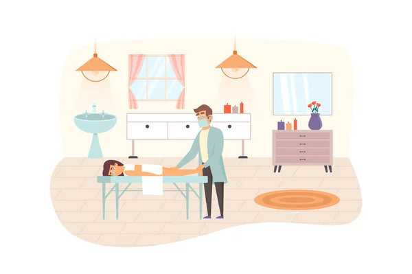 Woman visiting Beauty Salon scene. Female client getting massage. Professional masseur doing caring procedures. Cosmetology, skin care concept. Illustration of people characters in flat design — Foto Stock