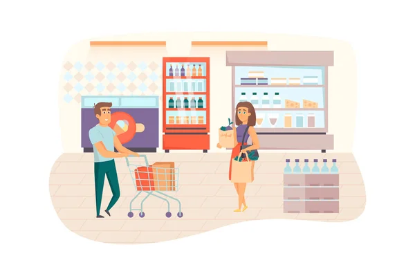 Couple shopping at supermarket scene. Man and woman choosing and buying food at grocery store. Family daily routine, retail and sale concept. Illustration of people characters in flat design — Zdjęcie stockowe
