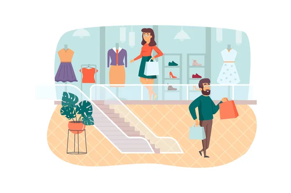 Οι άνθρωποι ψωνίζουν στο κατάστημα ρούχων σκηνή. Άνδρας και γυναίκα αγοράζουν κομψά ρούχα και παπούτσια. Apparel boutique πελάτες, το λιανικό εμπόριο και τις πωλήσεις έννοια. Εικονογράφηση των ανθρώπων χαρακτήρες σε επίπεδη σχεδίαση — Φωτογραφία Αρχείου
