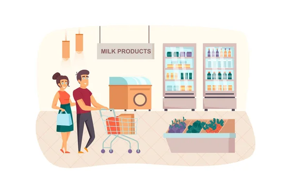 Couple shopping at supermarket scene. Man and woman buying milk products in grocery store. Family daily routine, retail and sales concept. Illustration of people characters in flat design — Foto Stock