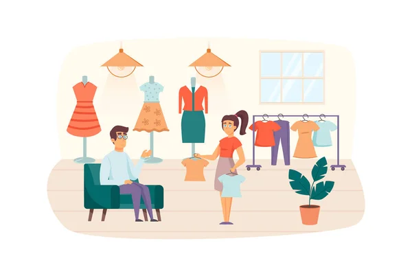 Couple shopping in clothing store scene. Man and woman in fitting room choosing stylish clothes. Buyers at boutique, retail and sales concept. Illustration of people characters in flat design — стоковое фото