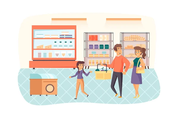 Family shopping at supermarket scene. Father, mother and daughter choosing and buying food at grocery store. Daily routine, retail sale concept. Illustration of people characters in flat design — стоковое фото