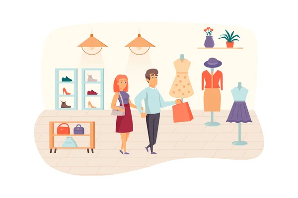 Couple shopping in clothing store scene. Man and woman buying stylish clothes, shoes and bags. Buyers at boutique, retail and sales concept. Illustration of people characters in flat design — Foto Stock