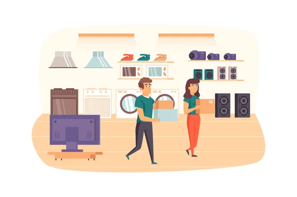 Couple shopping in household appliances store scene. Man and woman buy home electronics. Purchases of domestic equipment, retail sales concept. Illustration of people characters in flat design — Stock fotografie