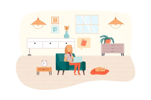 Woman studying using laptop or reads e-book sitting in living room scene. Student engaged online education. Distance homeschooling concept. Illustration of people characters in flat design — Zdjęcie stockowe