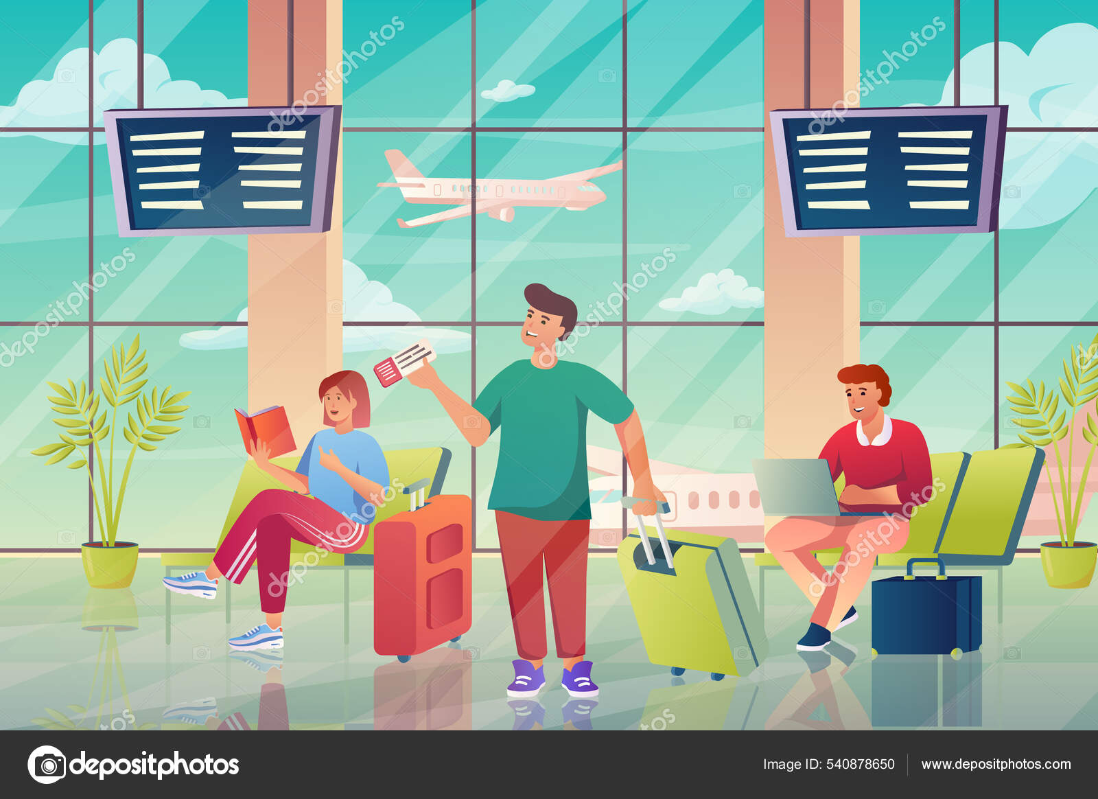 Airport interior with passengers concept in flat cartoon design. Travelers  with luggage sitting in waiting hall with huge window with airplane view.  Vector illustration with people scene background Stock Vector Image by ©
