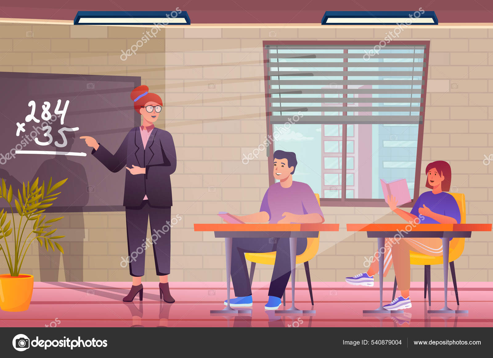 School class concept in flat cartoon design. Teenagers boy and girl