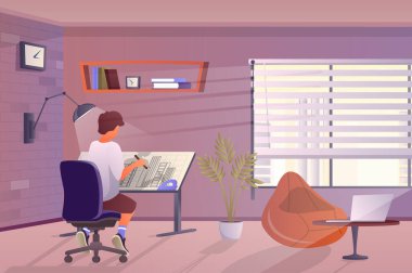 Designer working at home concept in flat cartoon design. Man draws blueprint on tilted table, develops documentation or does creative work in studio. Vector illustration with people scene background