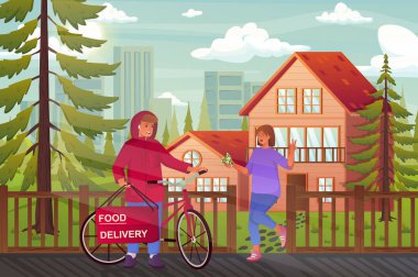 Food delivery concept in flat cartoon design. Man courier carrying order on bicycle to clients house. Woman receives parcel and pays for shipment. Vector illustration with people scene background