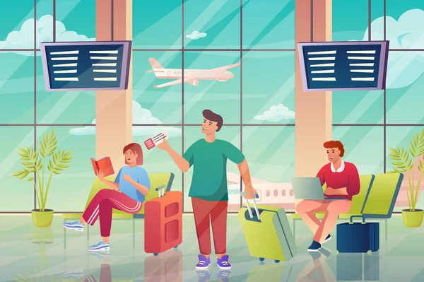 Airport interior with passengers concept in flat cartoon design. Travelers with luggage sitting in waiting hall with huge window with airplane view. Vector illustration with people scene background — Vector de stock