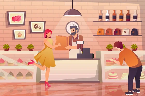 Bakery shop interior with buyers concept in flat cartoon design. Customers choose desserts in showcase and buy fresh pastries at checkout from seller. Vector illustration with people scene background — стоковый вектор