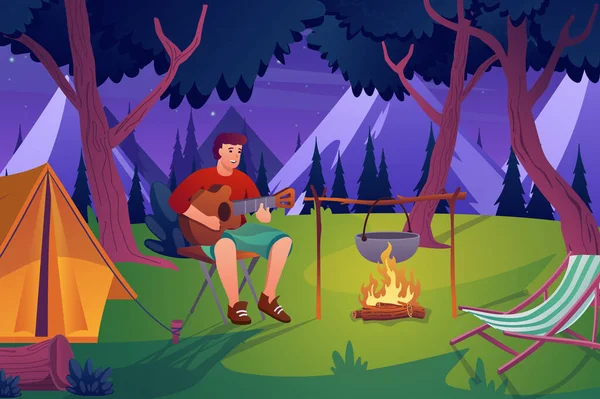 Summer camping concept in flat cartoon design. Man tourist plays guitar while sitting by campfire, outdoors resting in mountain forest with tent. Vector illustration with people scene background — Stockvektor