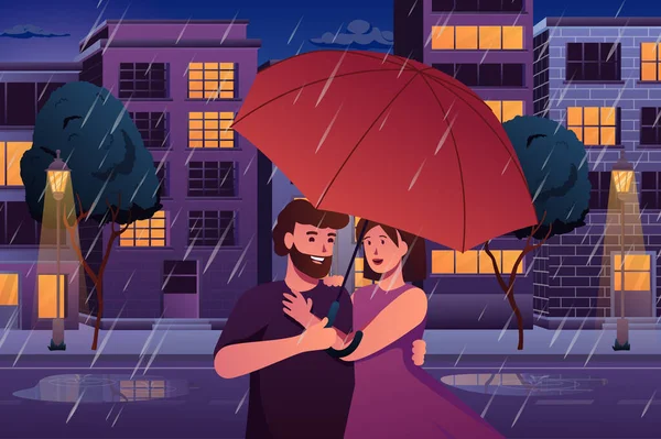 Couple in the rain concept in flat cartoon design. Loving man and woman hugging and walking under umbrella at date in rainy evening at city street. Vector illustration with people scene background — Archivo Imágenes Vectoriales