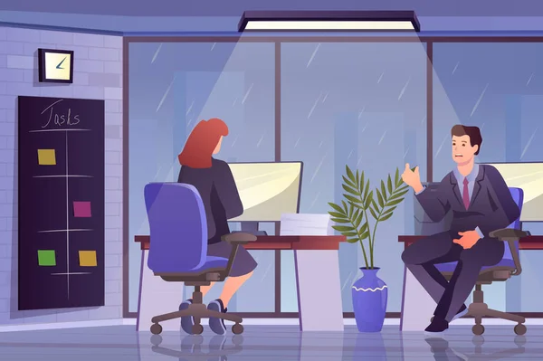 Crunch time concept in flat cartoon design. Overworked man and woman working in office late at night. Business deadline overtime, stress at work. Vector illustration with people scene background — Wektor stockowy