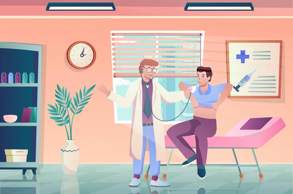 Doctors appointment concept in flat cartoon design. Therapist examines patient, diagnoses and prescribes treatment. Medical services and healthcare. Vector illustration with people scene background — Stok Vektör