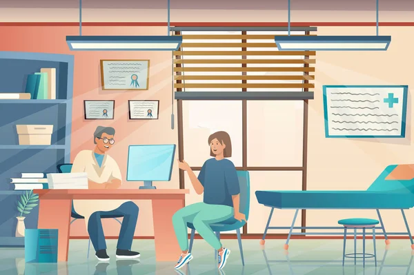 Doctors office concept in flat cartoon design. Therapist consults patient sitting at table, diagnoses and prescribes treatment. Medical services. Vector illustration with people scene background — Wektor stockowy