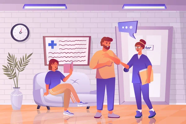 Hospital waiting hall concept in flat cartoon design. Patients waiting visit to doctor at door to therapists office. Nurse talking to man in clinic. Vector illustration with people scene background — Stok Vektör