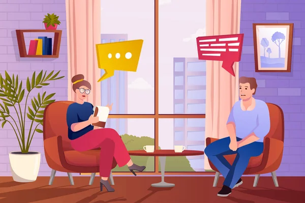 Psychologists office concept in flat cartoon design. Man patient talking to woman psychotherapist while sitting at armchairs. Mental health clinic. Vector illustration with people scene background — Stok Vektör