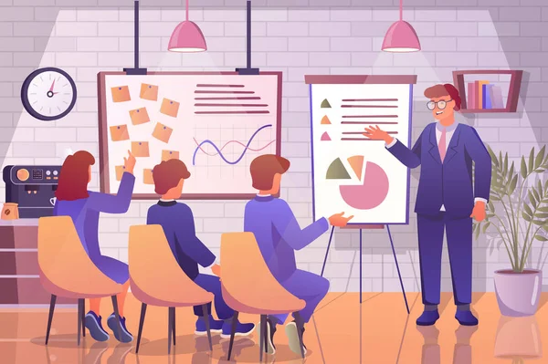 Business training concept in flat cartoon design. Coach making educational lecture or master class, employees improve their professional qualities. Vector illustration with people scene background — Archivo Imágenes Vectoriales