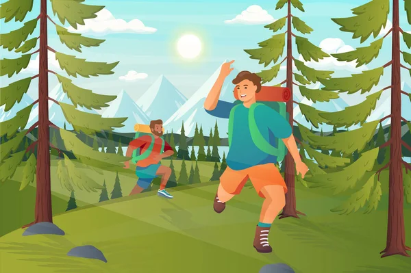 Travelers hiking in forest concept in flat cartoon design. Men hikers with backpacks run in green forest, summer camping outdoors, mountain tourism. Vector illustration with people scene background